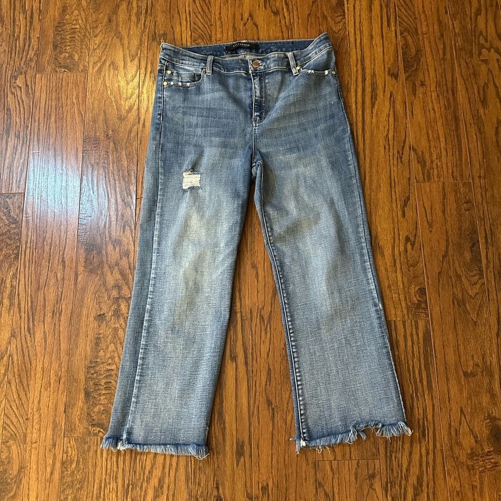 Liverpool Blue Flare Wide Leg Jeans with Distressed Hem